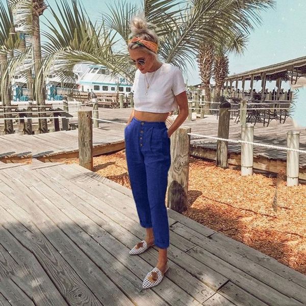 

women's leggings women pants street fashion casual solid button slim pocket elastic waist pencil trousers pantalones de mujer #01, Black