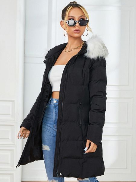 

zip pockets fuzzy trim hooded puffer coat d7ij#, Black