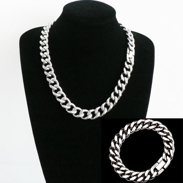 

earrings & necklace fashion mens bracelet jewelry set 15mm wide 316l stainless steel chain silver color curb cuban link