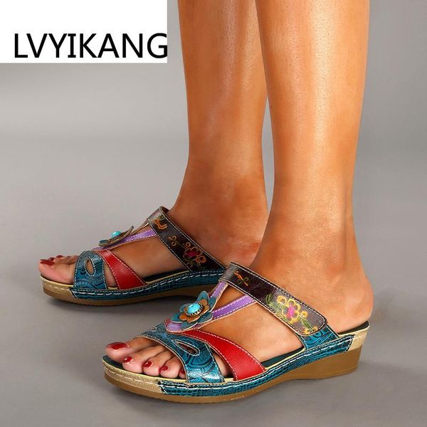 

women sandals fashion ethnic style flowers wedges flip flop ladies shoes slippers, Black