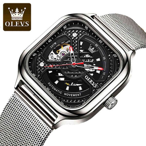 

men olevs mechanical watches sports watching brands luxury famous jurk fashion hollow square 6634 para hombre, Slivery;brown