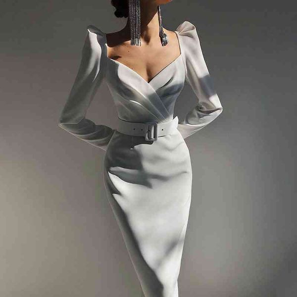 

spring full sleeve v neck women long dress elegant sashes solid color elasticity cotton es empire party 210521, Black;gray