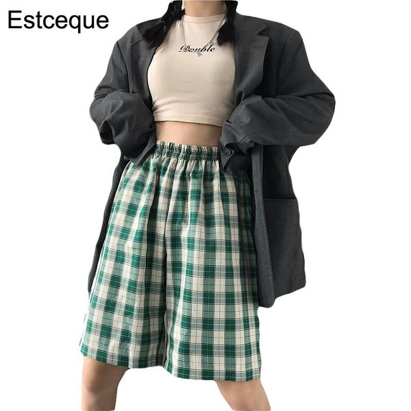 

harajuku streetwear loose wide leg pants women summer fashion plaid knee length straight elastic waist women's & capris, Black;white