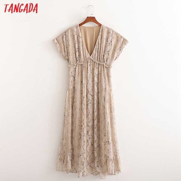 

tangada summer women animal snake print pleated loose dress v neck ladies midi dress vestidos 1d221 210609, Black;gray