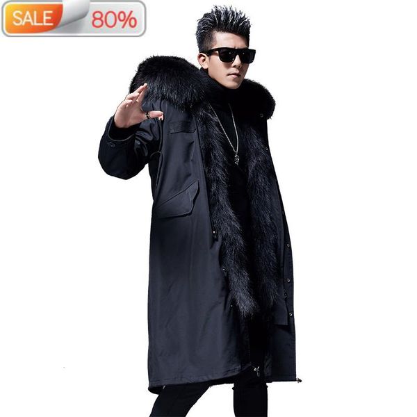 

men's leather & faux mens parka real coat winter jacket raccoon fur liner long windbreaker warm parkas plus size jackets mc1ac033 b2157, Black