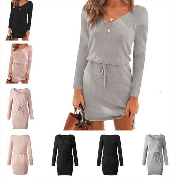 

v neck sashes women dress long sleeve casual pink black gray slit mini autumn winter knitted warm short dresses