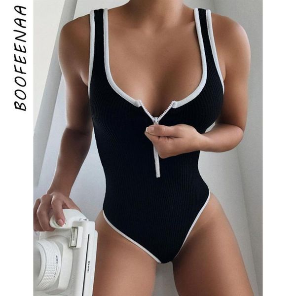 

women's jumpsuits & rompers boofeenaa 2021 summer bodysuit front zipper ribbed knitted bodycon body suits for women one piece swim, Black;white