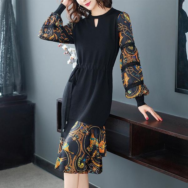 

casual dresses xl brand dress 2021 spring fall women o-neck stitching printed long-sleeved slim commuter ol female, Black;gray