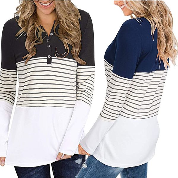 

europe and america 2021 europe and america new women's stripe splicing contrast color long sleeve slim fit women's t-shirt, White
