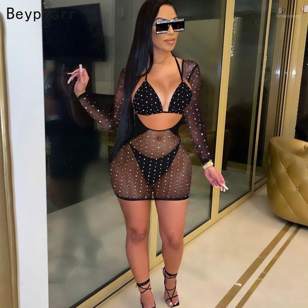 

women's tracksuits beyprern chic see through black mesh rhinestones sheer mini dress summer sequins bikini and matching cover-up set, Gray