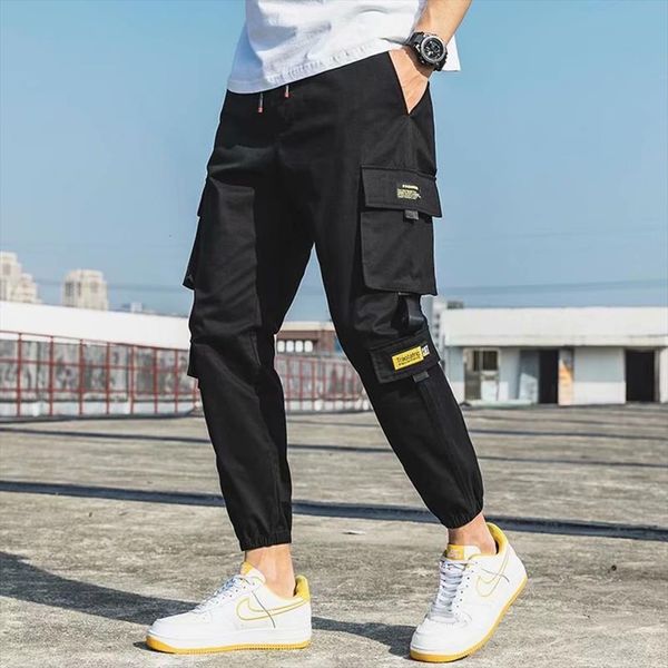 

fashion cotton cargo casual work women pants skinny trousers japan style drawstring sweatpants multi pockets, Black