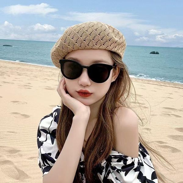 

berets women's breathable hollow beret thin casual literary all-match hat korean version of japanese linen, Blue;gray
