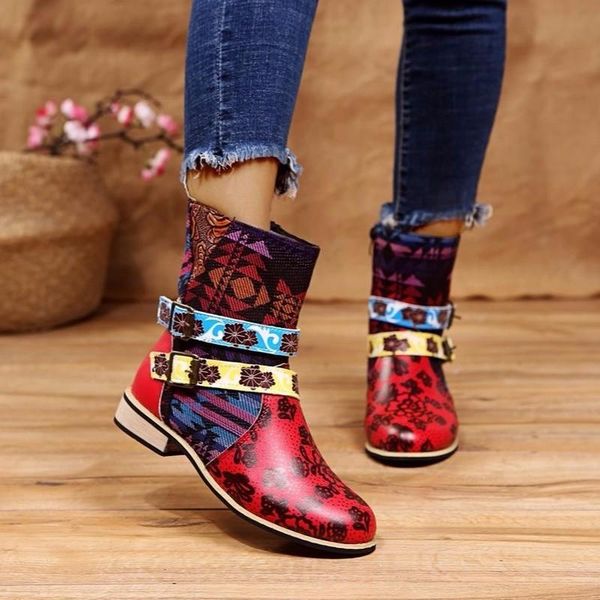 

boots 2021 autumn womens zippers flower ankle vintage pu leather plus size 43 matin shoes woman zapatos mujer sapato botas, Black