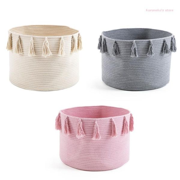 

storage baskets woven cotton rope tassel nursery laundry clutter organization clothes organizer