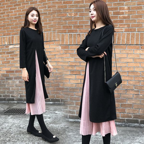 

l-4xl plus size korean female dress spring fashion fake two pieces chiffon seam plied loose dressed elegant f2729 pmvr, Black;gray