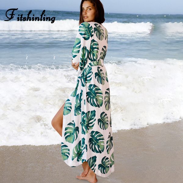 

fitshinling 2021 summer beach cover-up leaf print bohemian long cardigan swimwear holiday green beachwear output sashes