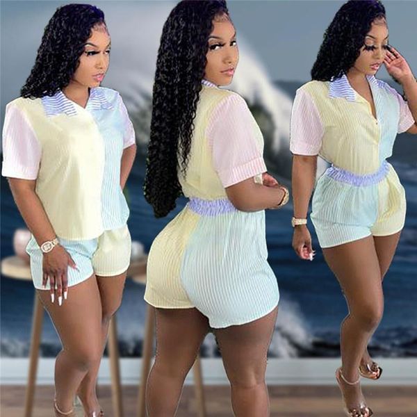 

women's tracksuits hirigin women 2 piece outfits striped short sleeve shirts blouses biker shorts sweatpants casual home street wear, Gray