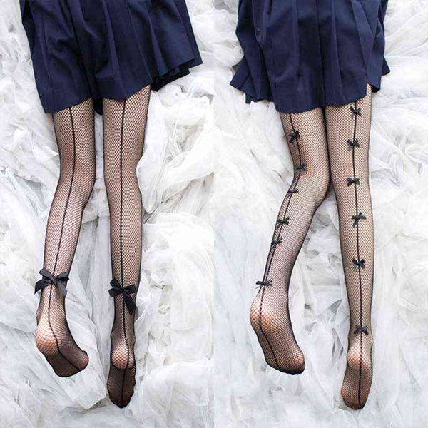 

women hollow out fishnet pantyhose handmade black bowknot mesh tights with back seam kawaii stockings lingerie w220312, Red;black