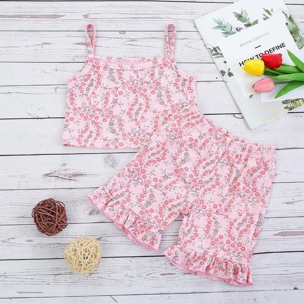 

little girls flower print set fashion spaghetti straps sleeveless soft ruffle short pants 2-piece suits clothing sets, White