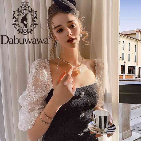 

dabuwawa commute square neck button women dress lace puff sleeve female a-line dress high street ladies mini dress do1adr023 210520, Black;gray