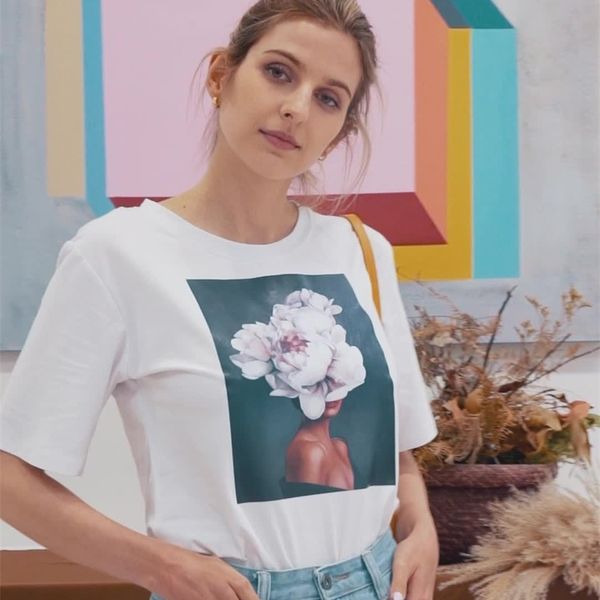 

round neck white art print women's t-shirt summer chic short-sleeved red female 210708