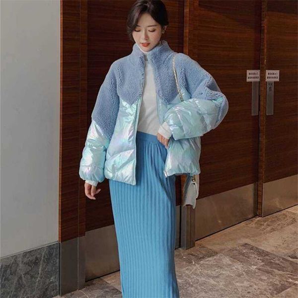 

fashion winter lambswool patchwork jacket women fur splice cotton padded coat thcik warm short cotton coats female overcoat 210927, Black