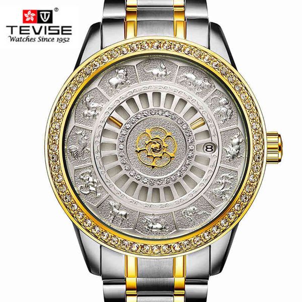 

watches automatic mechanical tevise men stainless steel self-winding watertight luxury gold clock relogio masculino, Slivery;brown