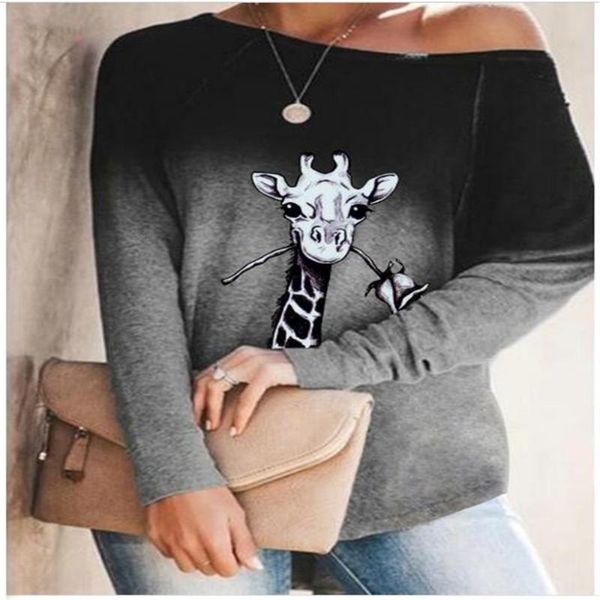 

women's t-shirt cogoxo autumn 2021 women gradient elements cartoon giraffe printing long sleeve street fashion hip hop casual tee, White