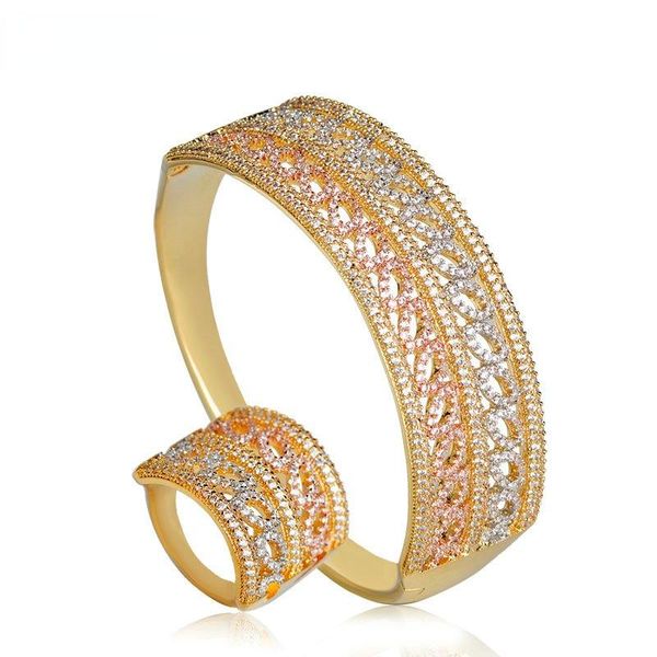 

earrings & necklace blucome punk european style cubic zirconia wedding bangle ring sets three tone plated gold color copper pulseira anillos, Silver