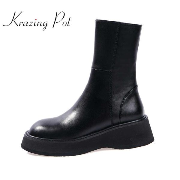 

boots krazing pot european style genuine leather round toe thick bottom increased young lady daily wear classic mid-calf l66, Black