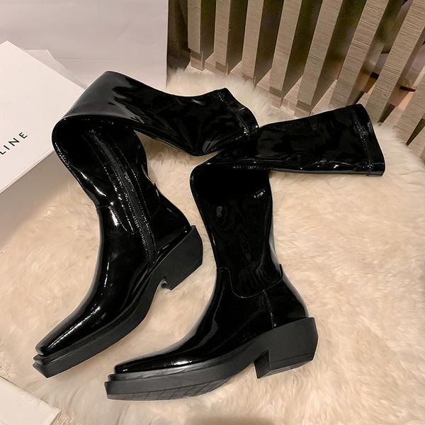 

boots genuine leather over the knee square toe chunky heels pumps winter est party night club shoes woman, Black