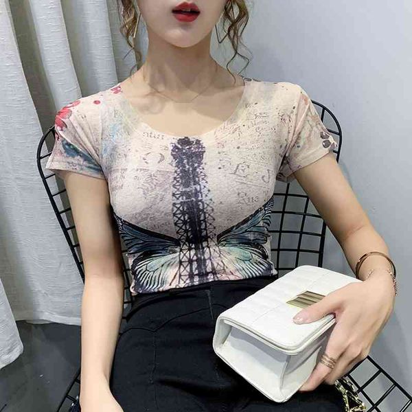 

women's t-shirt summer fashion european clothes t-shirt print tower butterfly women ropa mujer cotton short shirt tees, White