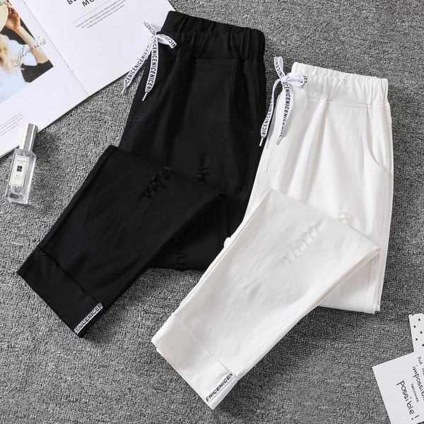 

women's pants & capris ripped women plus size ankle length elasticity fashion spring office lady loose drawstring female harem, Black;white