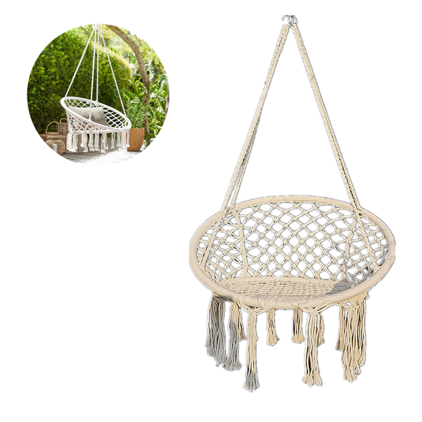 

camp furniture nordic style hammock swing chair hanging kit home outdoor beige cotton knitting garden tassels rope balcony