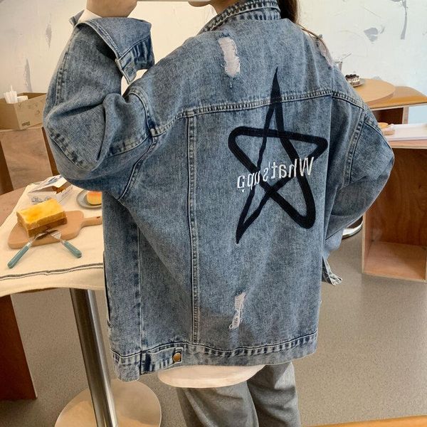 

women's jackets denim jacket female 2021 spring korean version loose lazy retro embroidered hole, Black;brown