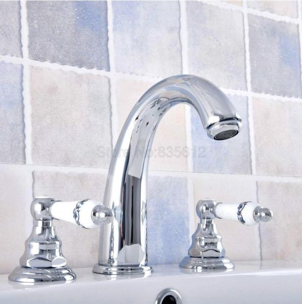 

bathroom sink faucets bathtub chrome polished deck mounted 3 hole double handle and cold water tap tnf573