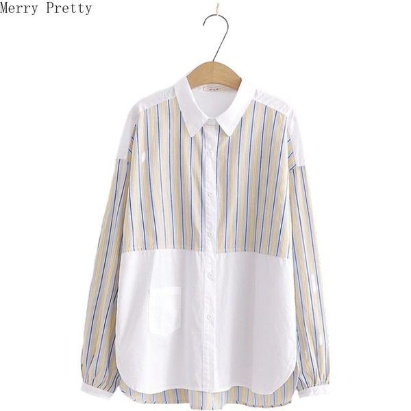 

women blouse shirt striped patchwork long sleeve cotton office lady casual turndown collar blusas chemise women's blouses & shirts, White