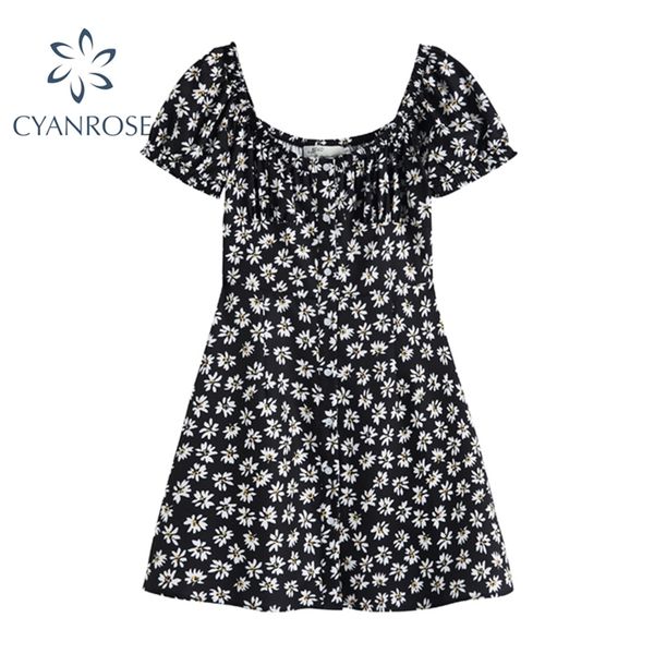 

women's beach summer crop dress floral print square collar french mori girl mini vestidos mujer short sleeve a-line dresses 210430, Black;gray