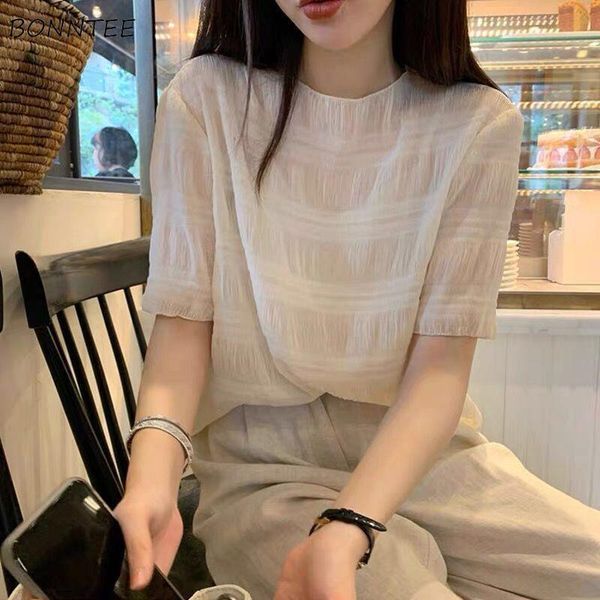 

women's blouses & shirts women folds solid o-neck fashion elegant ladies tender girls students classy breathable comfortable chic all-, White