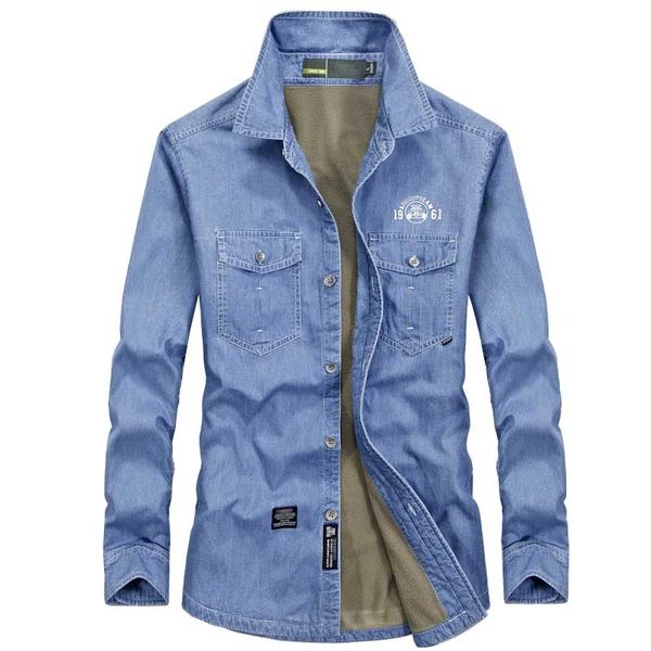 

shirt autumn winter fleece jeans mens long sleeve fashion clothing denim shirt plus size 4xloutwear coat blue, White;black