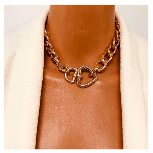 

chains fashion gold color heart necklace for women hollow choker cuban chunky chain pendant necklaces 2021 vintage gothic jewelry, Silver
