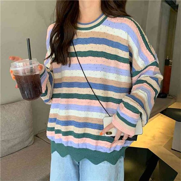 

autumn and winter korean pullover loose contrast color striped round neck sweater outer wear long-sleeved women 210427, White;black