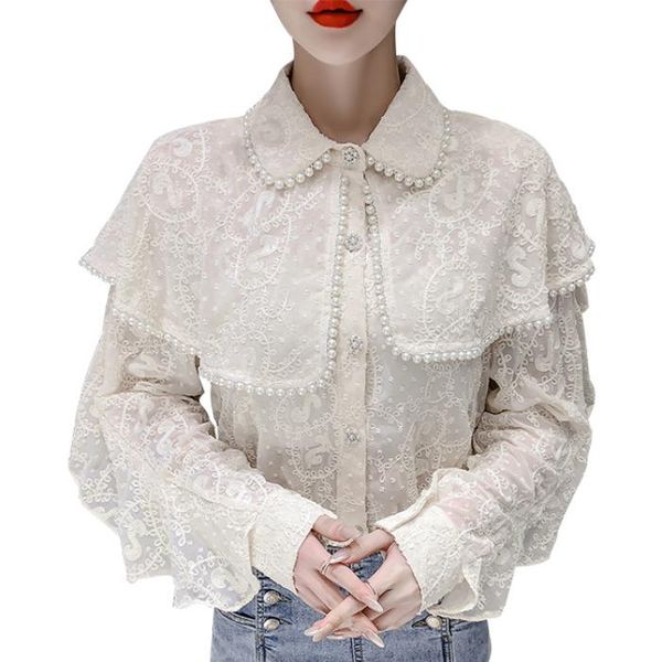 

women's blouses & shirts bead work lace women button up shirt mujer hollow out s, White