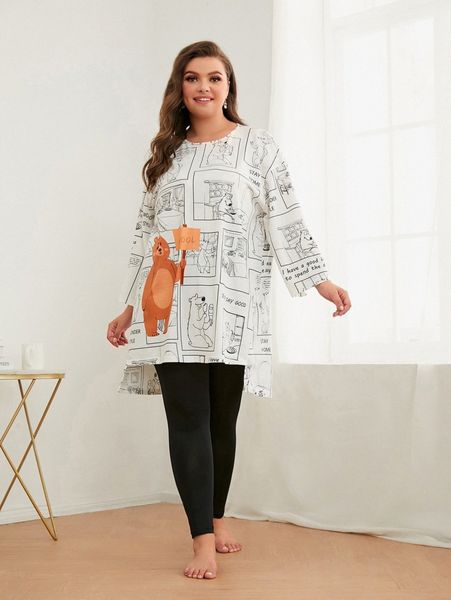 

plus slogan and cartoon graphic & leggings pj set z8iz#, Black;white