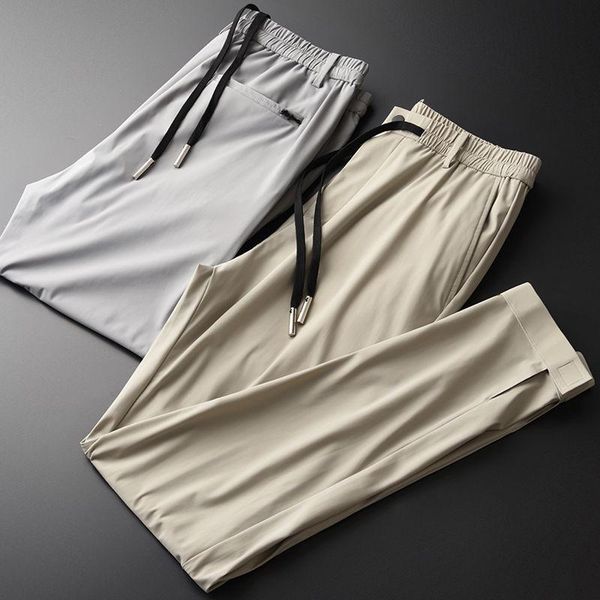 

men's pants silky cool high count fabric khaki two color casual capris slim thin fashion elastic necked, Black