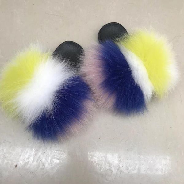 

slippers fashion multicolor design women real fluffy fur sandal soft furry slides, Black