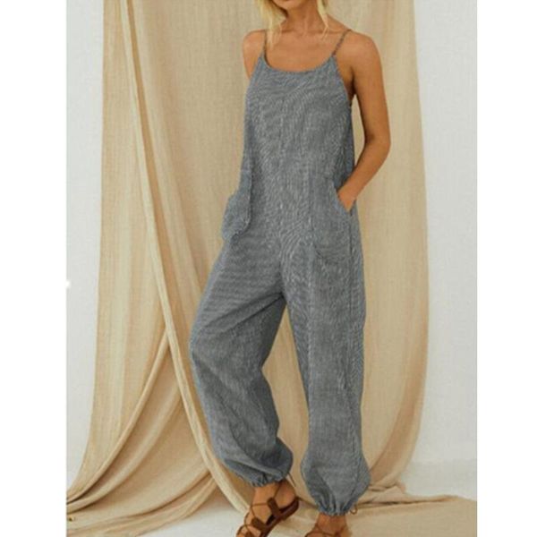 

women's jumpsuits & rompers 2021 casual striped spaghetti strap women sleeveless loose pockets wide legs ol overalls summer plus size, Black;white