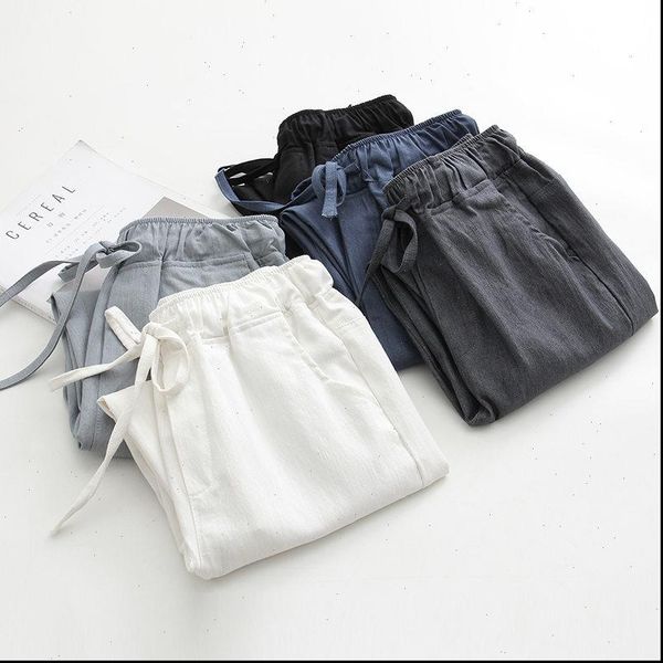 

spring women pants summer cotton linen harem drawstring high waist trousers casual sweatpants pantalon c4216, Black;white