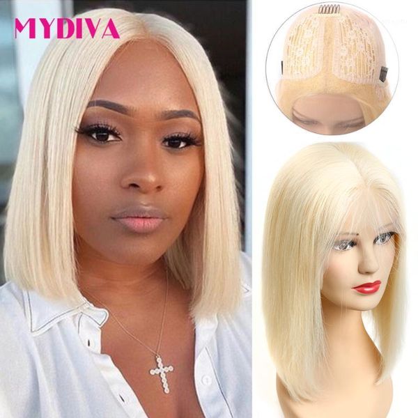 

glueless 613 blonde lace front human hair wigs middle part bob wig brazilian straight remy for women1, Black;brown