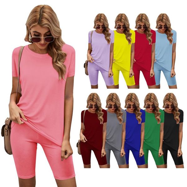 

women's tracksuits summer 2021 women short 2pcs solid sleeves o-neck t-shirt + mid waist shorts comfortable lady outfits 10 colors, Gray